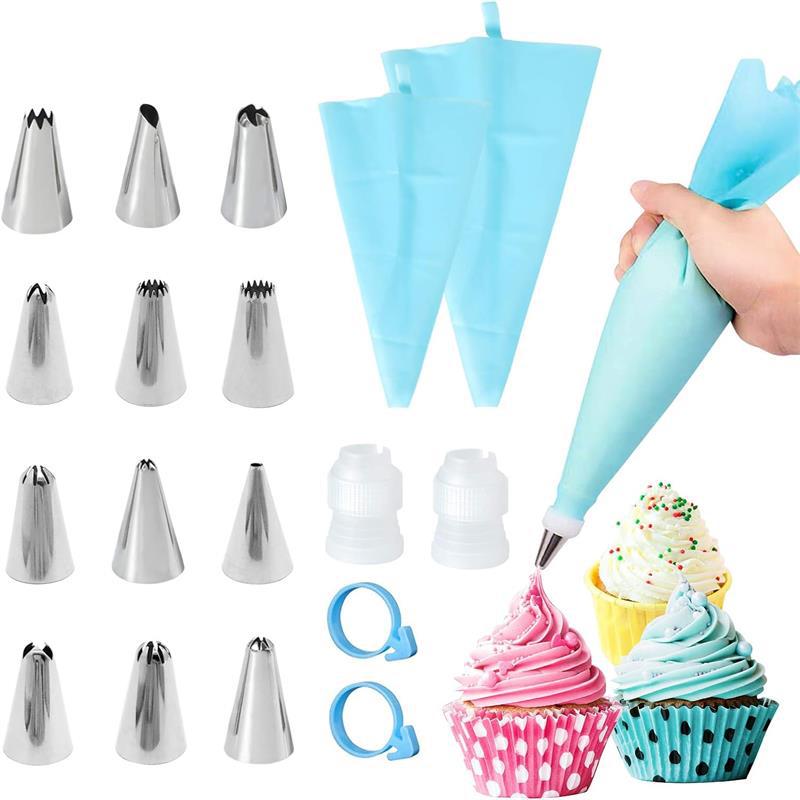 Premium Stainless Steel Nozzle Tips Set with Silicone Piping Bags, DIY Cake Decorating Kit for Beginners
