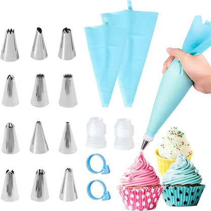 Premium Stainless Steel Nozzle Tips Set with Silicone Piping Bags, DIY Cake Decorating Kit for Beginners