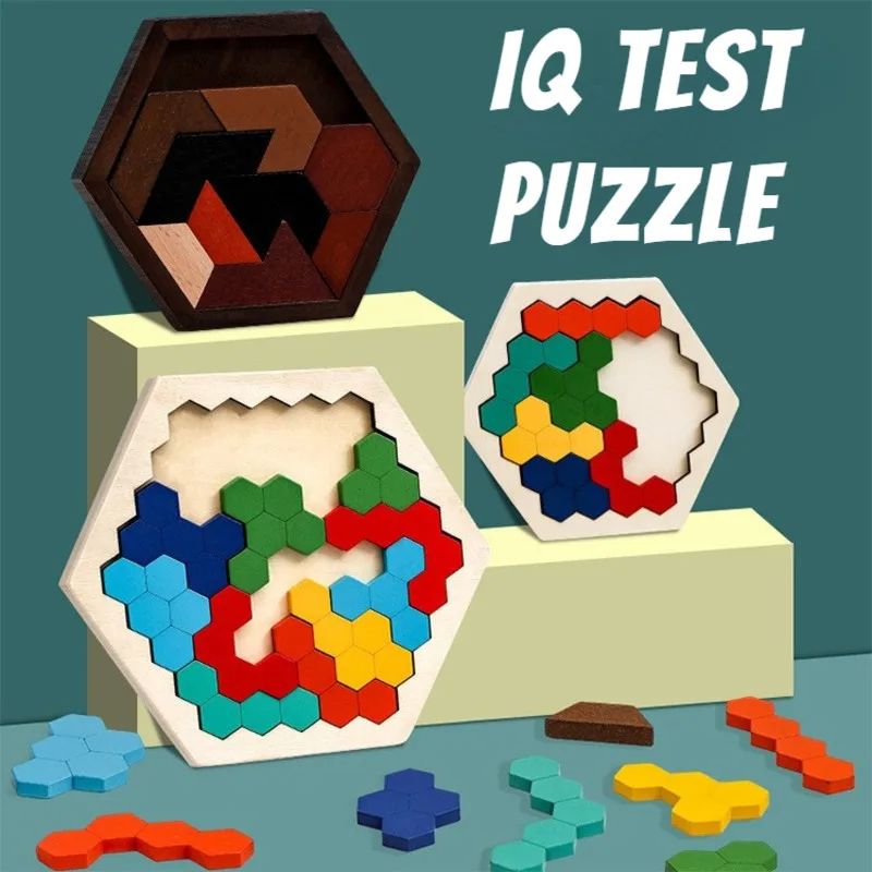 3D Hexagonal Wooden Puzzles Educational IQ Game Montessori Toys for Children Kids Preschool Tangram Board Brain Teaser
