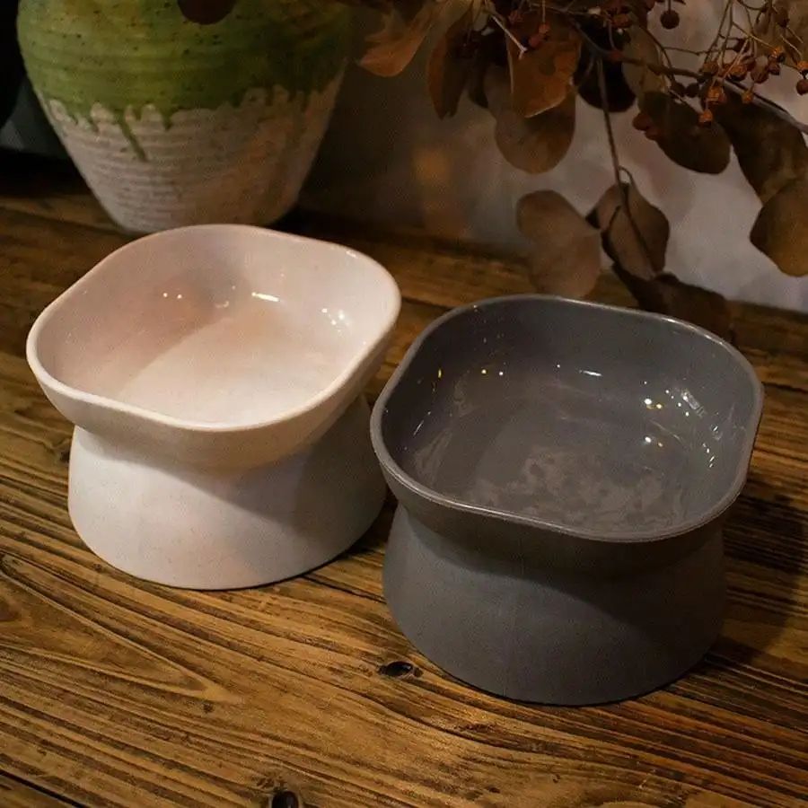 Classic Neck Protection & Anti-Rollover Cat Bowl, Elevated High-Foot Plastic Pet Tableware with Large Opening
