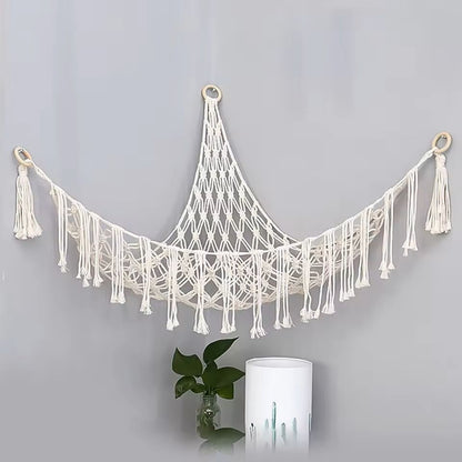 Boho Toy Hammock Hanging Mesh Storage Net with Tassels Triangular Wall Organizer