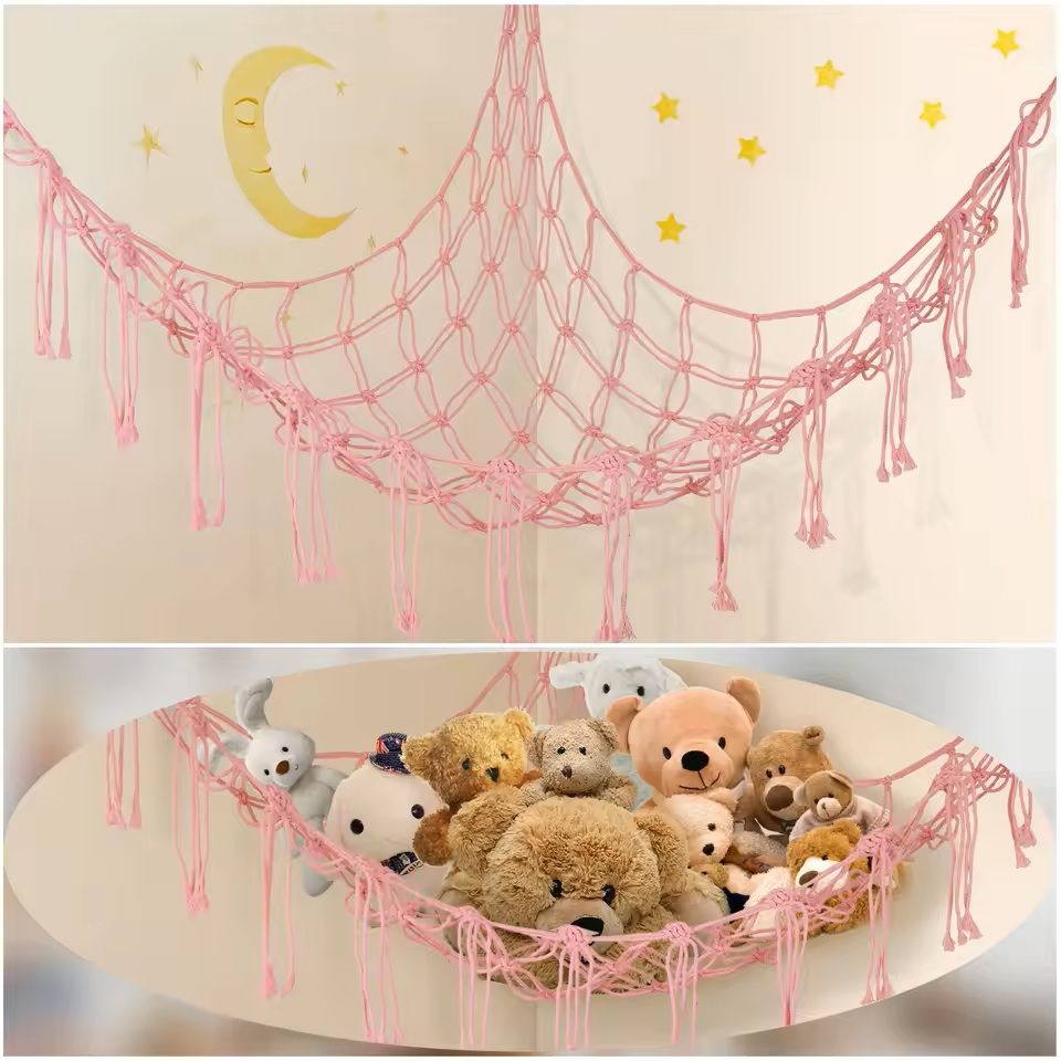 Macrame Toy Hammock Large Hanging Storage Net for Stuffed Animals Corner Organizer