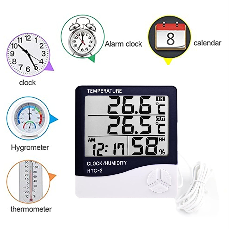 Digital Thermometer Hygrometer HTC-1/HTC-2 Indoor Outdoor Temperature Humidity Monitor with LCD Display, Clock & Alarm