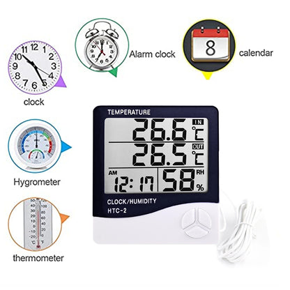 Digital Thermometer Hygrometer HTC-1/HTC-2 Indoor Outdoor Temperature Humidity Monitor with LCD Display, Clock & Alarm