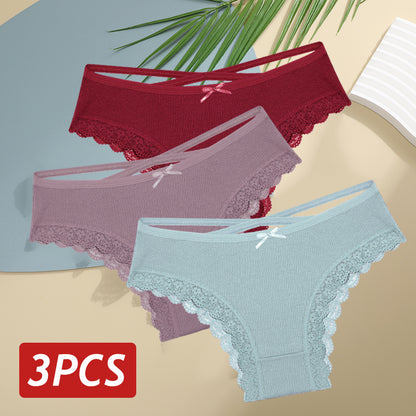 Women Cotton Panties Sexy LowRise Lace Brazilian Briefs Soft Breathable Lingerie With Bowknot 19