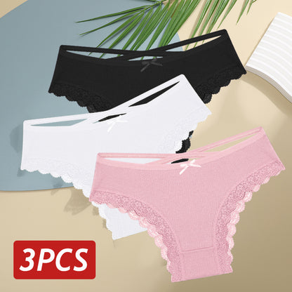 Women Cotton Panties Sexy LowRise Lace Brazilian Briefs Soft Breathable Lingerie With Bowknot 7