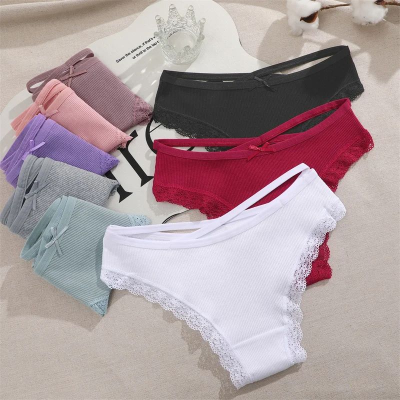 Women Cotton Panties, Sexy Low-Rise Lace Brazilian Briefs, Soft Breathable Lingerie with Bowknot
