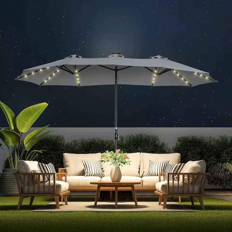 Extra Large Double Sided Patio Umbrella With Solar Lights And Base 2