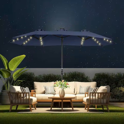 Extra Large Double Sided Patio Umbrella With Solar Lights And Base 3