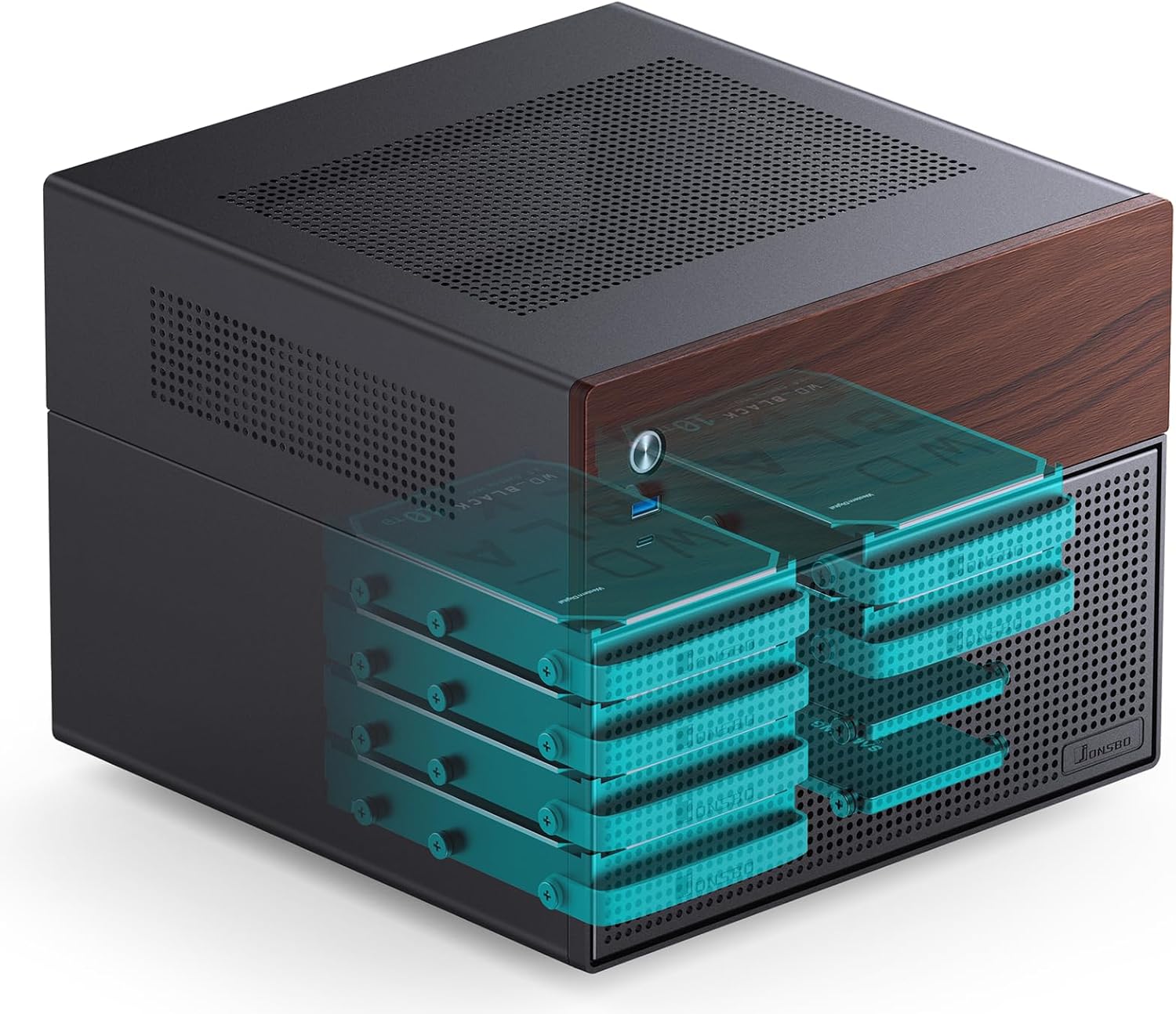 Jonsbo N4 Black NAS Chassis  Compact 8Bay MicroATX Case With Walnut Panel 1
