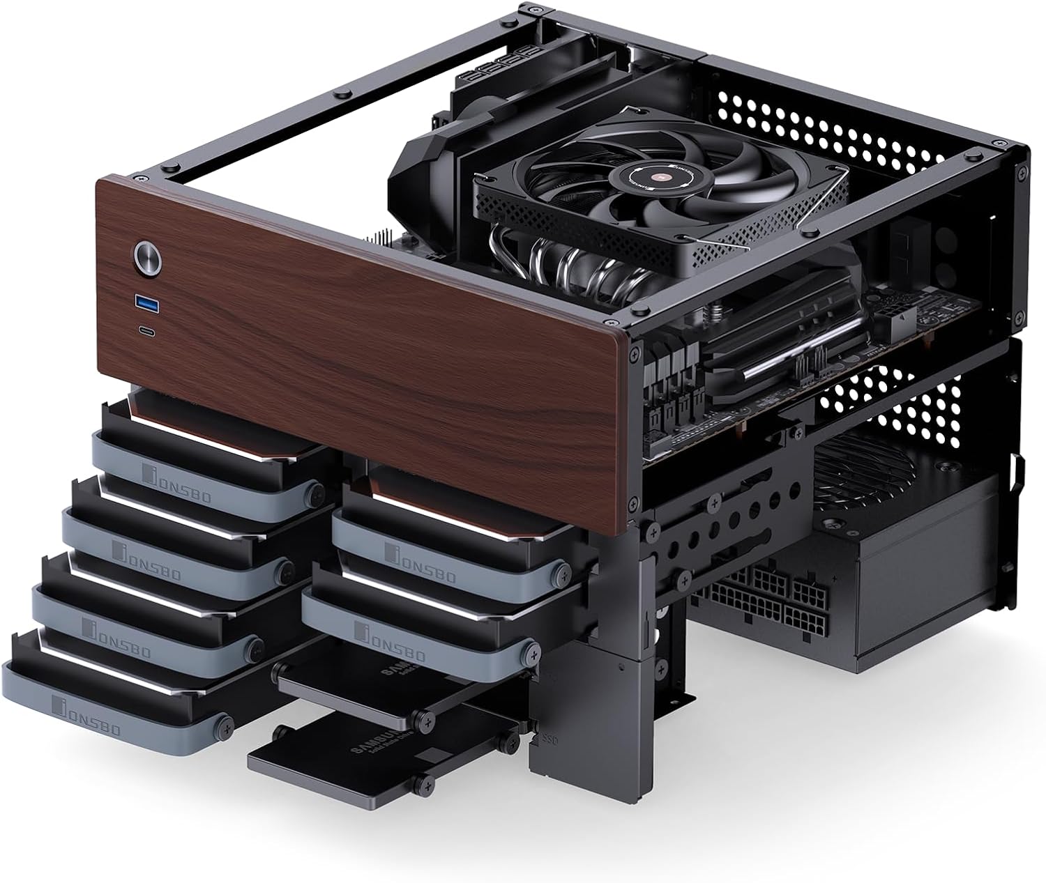 Jonsbo N4 Black NAS Chassis  Compact 8Bay MicroATX Case With Walnut Panel 4