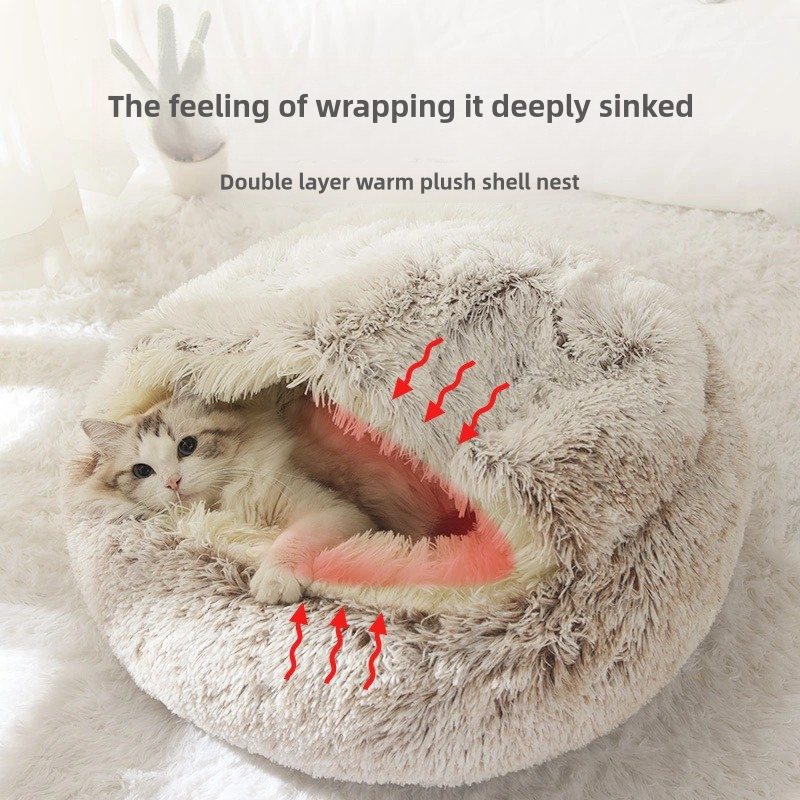 Winter Plush Pet Bed, Semi Enclosed Cat & Dog Nest with Warm Comforter for Autumn/Winter