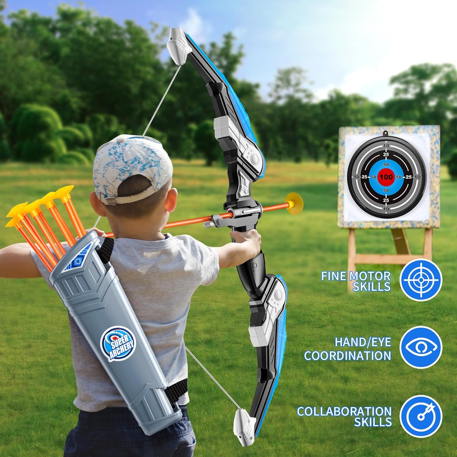 Kids Bow and Arrow Set LED Light Up Toy Archery Set for Outdoor Adventure & Sports Fun