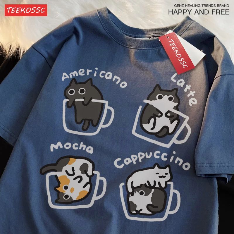 Cat Coffee Pure Cotton Trendy Summer Loose Short Sleeve T-Shirt for Men & Women – Original Mocha Latte Cat Design