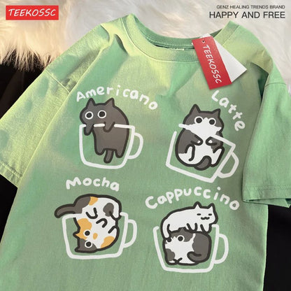 Cat Coffee Pure Cotton Trendy Summer Loose Short Sleeve TShirt For Men  Women  Original Mocha Latte 2