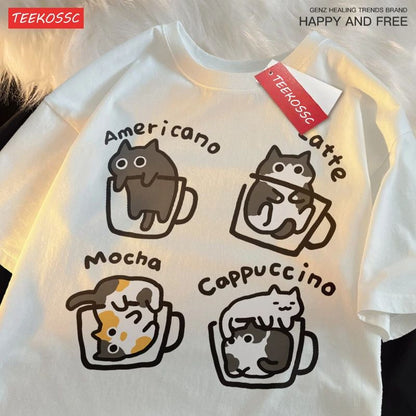 Cat Coffee Pure Cotton Trendy Summer Loose Short Sleeve TShirt For Men  Women  Original Mocha Latte 3