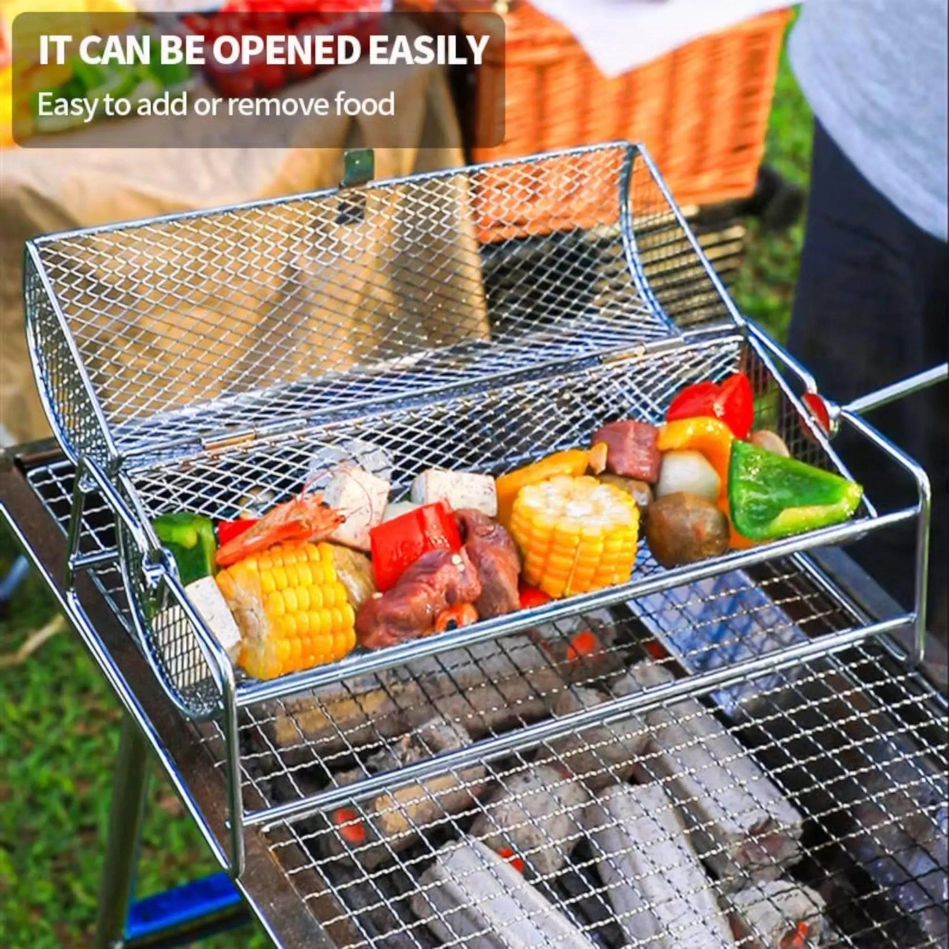 Stainless Steel Rotisserie Grill Basket  BBQ Mesh Roaster For Even Cooking 3