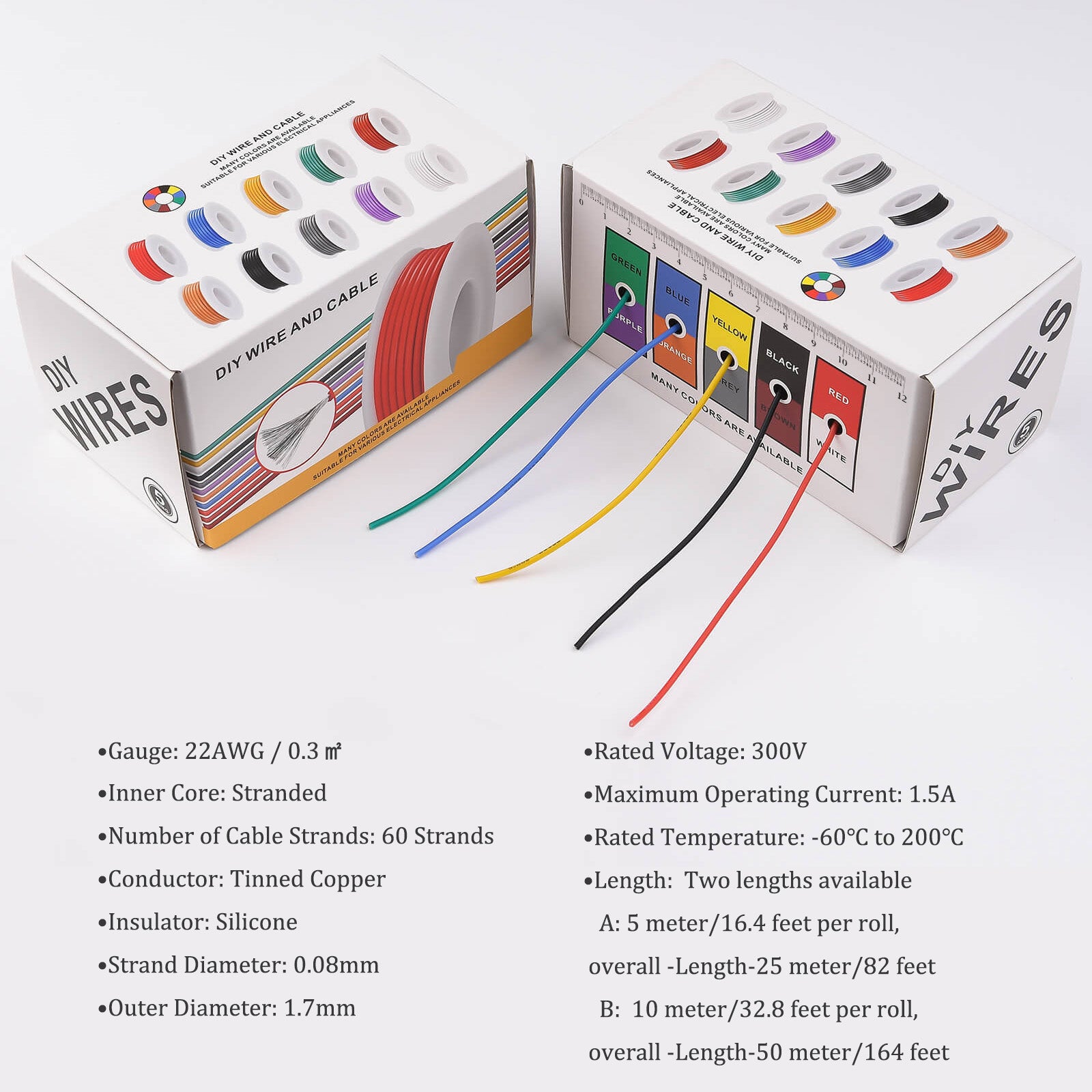 22 Gauge Tinned Copper Wire Set Flexible 22AWG Silicone Insulated Electric Wires 5 Colors 5m Or 10m 4