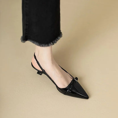 Women French Style Wine Red Patent Leather Pointed MidHeel Sandals Retro Backless Skinny Heel 6