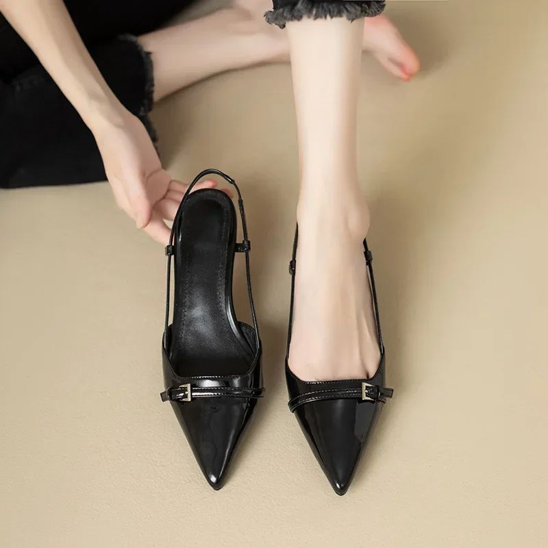 Women French Style Wine Red Patent Leather Pointed MidHeel Sandals Retro Backless Skinny Heel 3