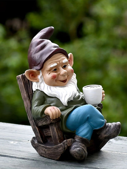 Resin Gnome Dwarf Rocking Chair Ornament Outdoor Garden Decoration Lawn Yard Leisurely Drinking Tea 1