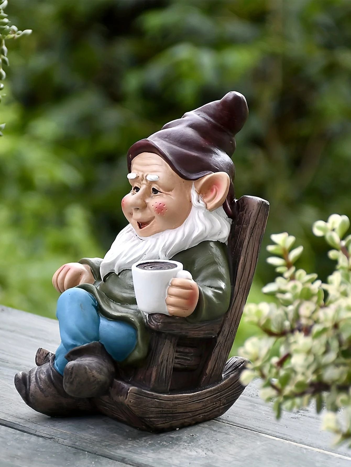 Resin Gnome Dwarf Rocking Chair Ornament Outdoor Garden Decoration Lawn Yard Leisurely Drinking Tea 2