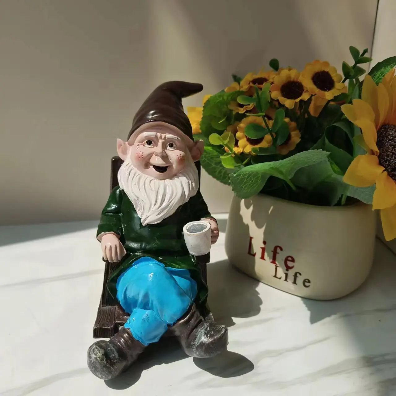 Resin Gnome Dwarf Rocking Chair Ornament Outdoor Garden Decoration Lawn Yard Leisurely Drinking Tea 4