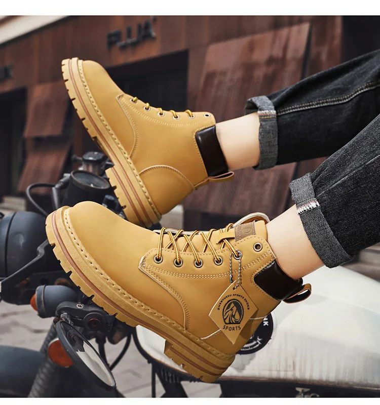 Mens HighTop Leather Motorcycle Ankle Boots Winter Fashion LaceUp Combat Footwear 1