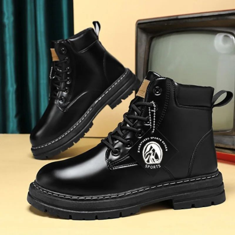 Men's High-Top Leather Motorcycle Ankle Boots, Winter Fashion Lace-Up Combat Footwear