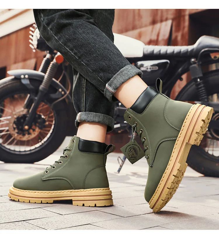 Mens HighTop Leather Motorcycle Ankle Boots Winter Fashion LaceUp Combat Footwear 2