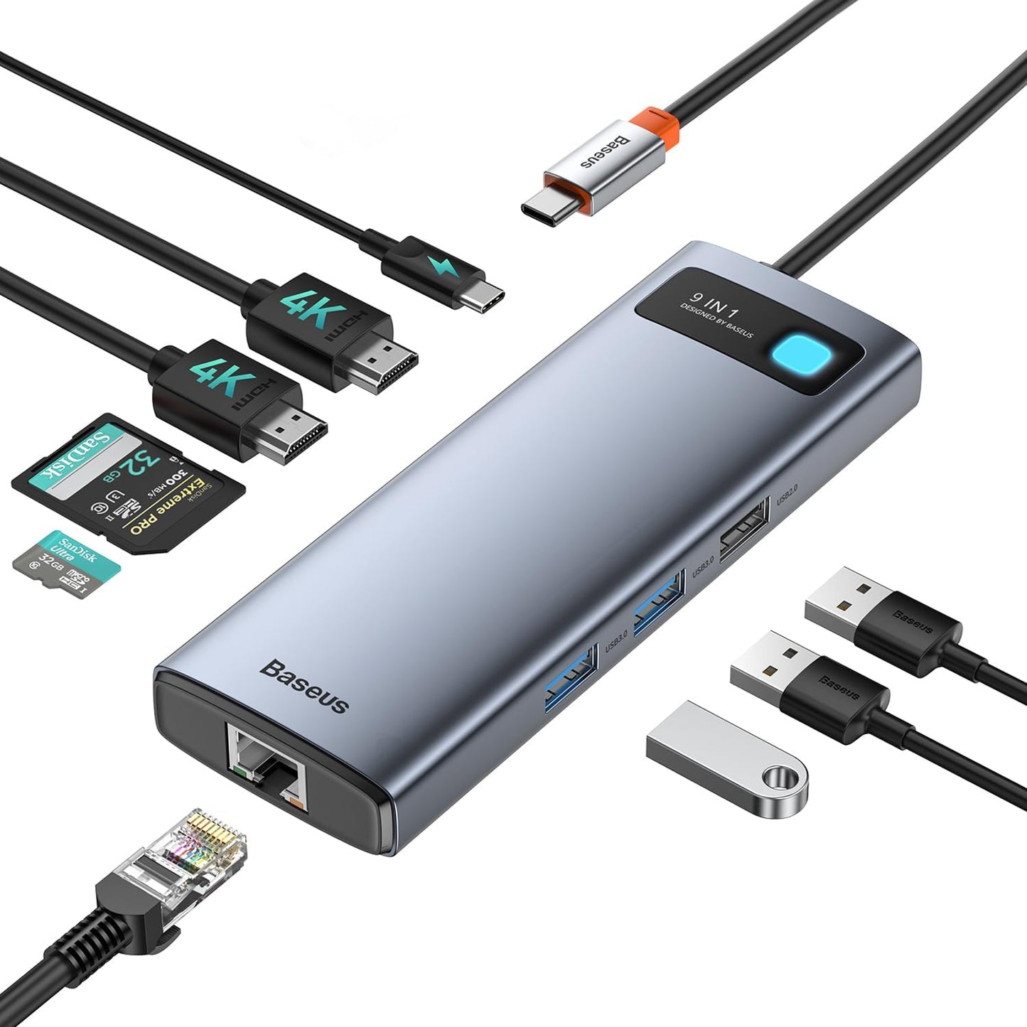 Baseus USB-C Hub 7in1 Adapter 4K 60Hz HDMI, 100W PD Charging Ethernet & USB 3.0 for MacBook and Laptop