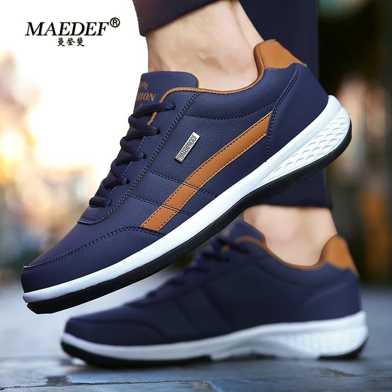 Waterproof Leather Sneakers for Men, Comfortable Casual Lace-Up Vulcanized Shoes