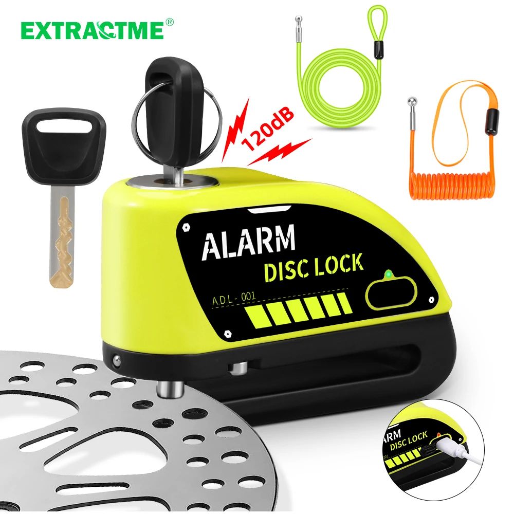 Motorcycle Alarm Disc Brake Lock Rechargeable Anti-Theft Wheel Padlock for Bikes, Scooters E-Bikes with Reminder Cable