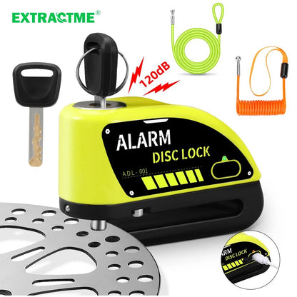 Motorcycle Alarm Disc Brake Lock Rechargeable Anti-Theft Wheel Padlock for Bikes, Scooters E-Bikes with Reminder Cable