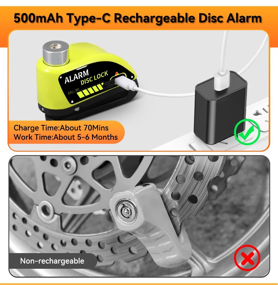 Motorcycle Alarm Disc Brake Lock Rechargeable AntiTheft Wheel Padlock For Bikes Scooters EBikes Wit 1