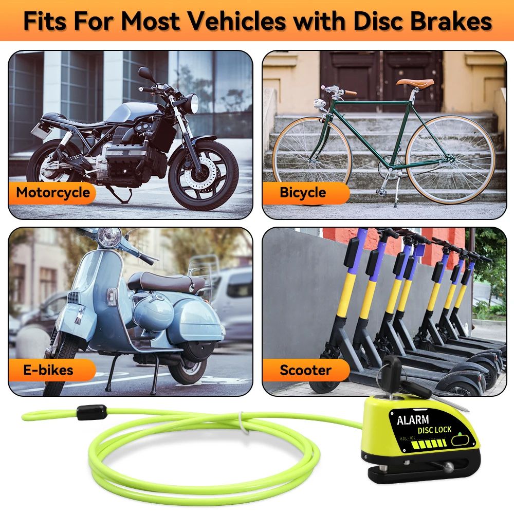 Motorcycle Alarm Disc Brake Lock Rechargeable AntiTheft Wheel Padlock For Bikes Scooters EBikes Wit 5