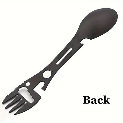 Multifunctional Survival Spork, Outdoor Camping Tool with Whistle, Knife, Wrench, Bottle Opener & Spoon