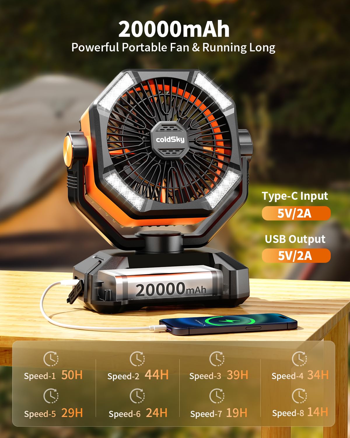 ColdSky 20000mAh Portable Camping Fan With LED Lantern  8Speed Rechargeable Fan For Tent Outdoor  E 3