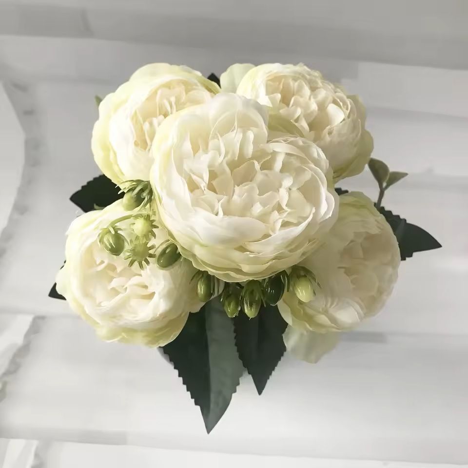 Rose Pink Silk Peony Bouquet With Buds For Home And Wedding Decor 11