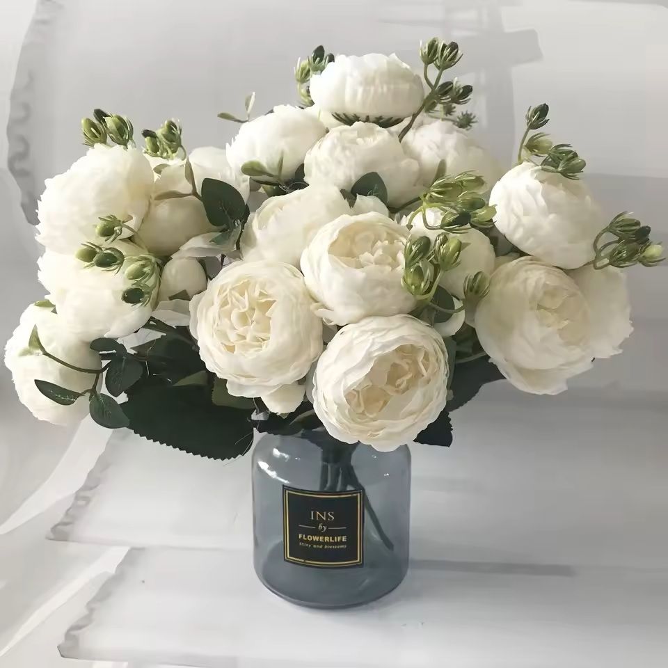 Rose Pink Silk Peony Bouquet With Buds For Home And Wedding Decor 6