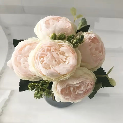 Rose Pink Silk Peony Bouquet With Buds For Home And Wedding Decor 7