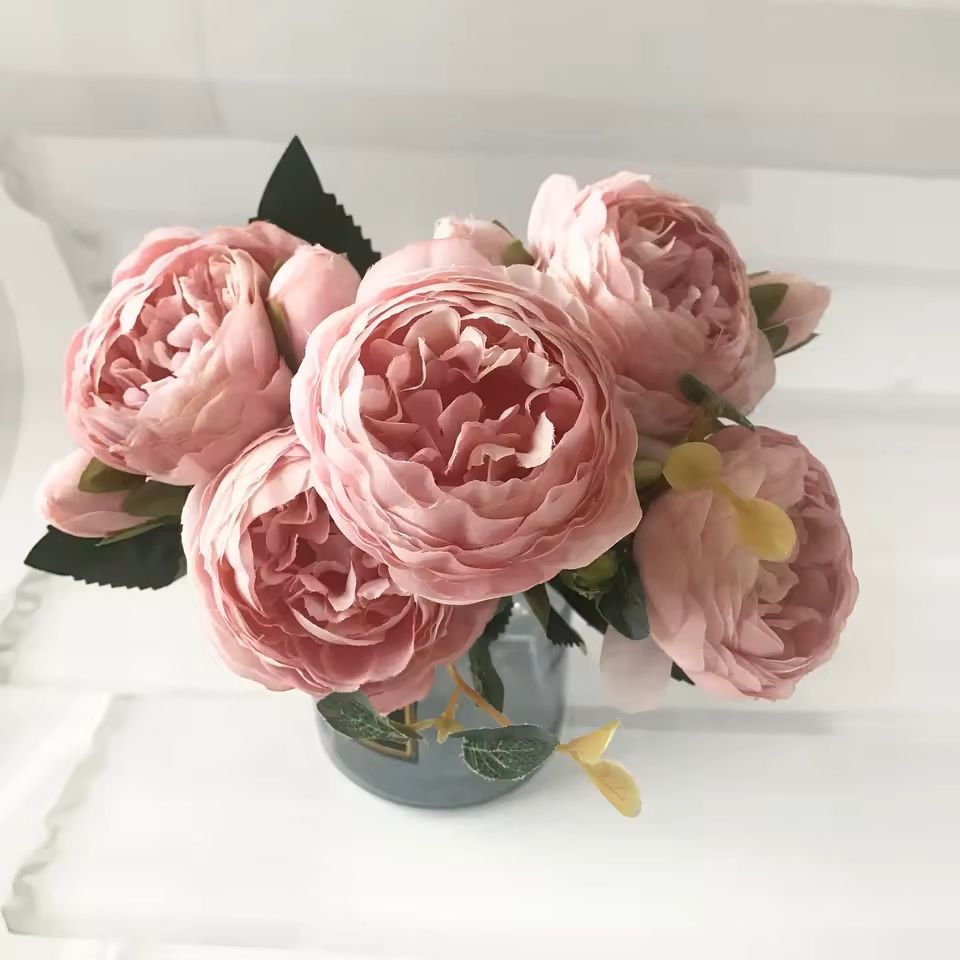Rose Pink Silk Peony Bouquet with Buds for Home and Wedding Decor