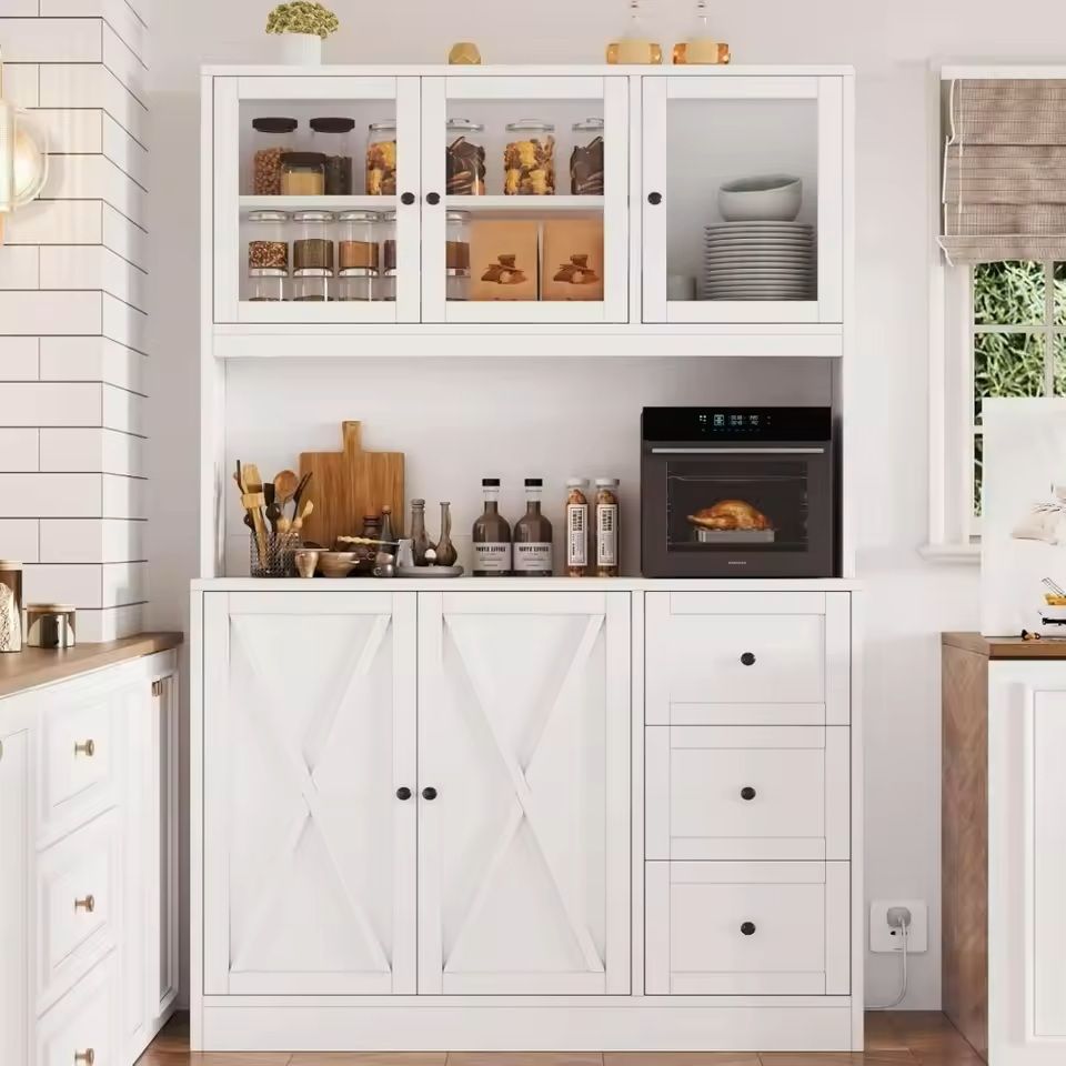 Kitchen Cabinet Hutch with Microwave Stand and Charging Station