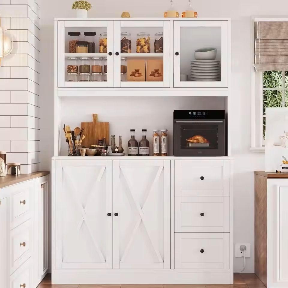 Kitchen Cabinet Hutch With Microwave Stand And Charging Station 7