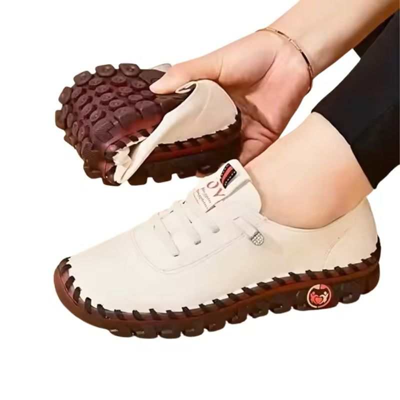 Womens Casual Leather Sneakers with Flat Sole and Lace Up Design