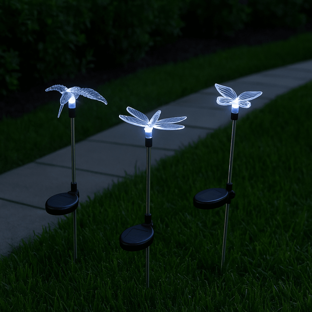 3-Pack Solar Garden Lights – Butterfly, Hummingbird & Dragonfly (30" High)