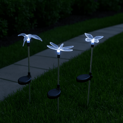 3-Pack Solar Garden Lights – Butterfly, Hummingbird & Dragonfly (30" High)