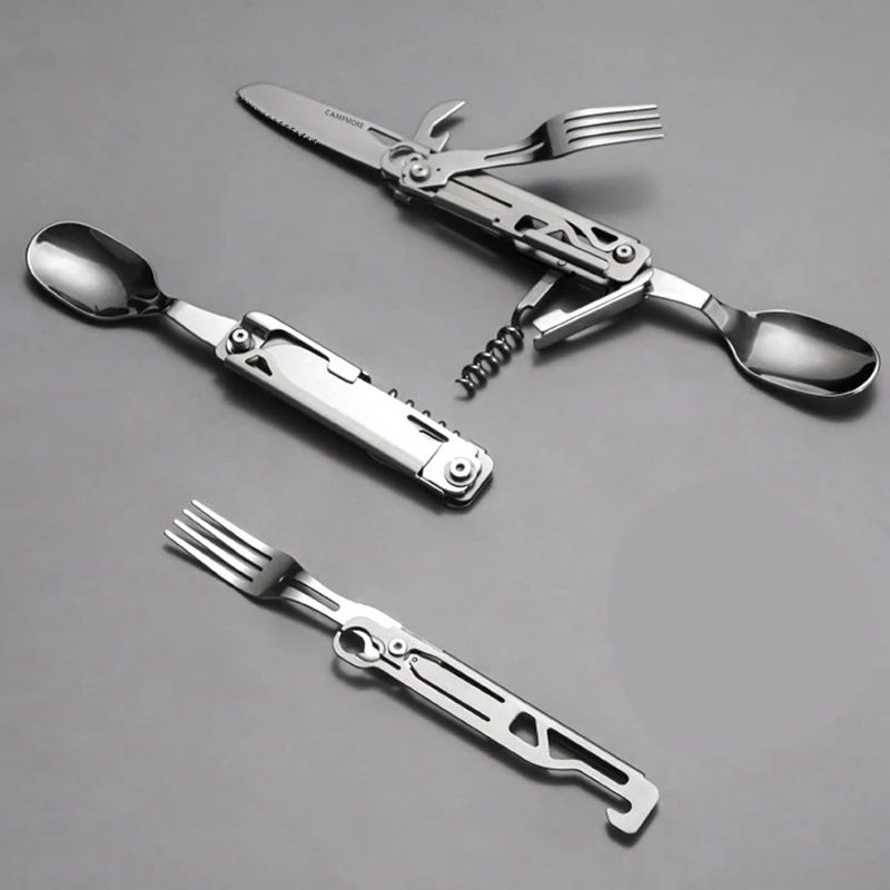 Portable Stainless Steel Camping Cutlery Set Knife Fork Spoon Opener Foldable Outdoor Equipment