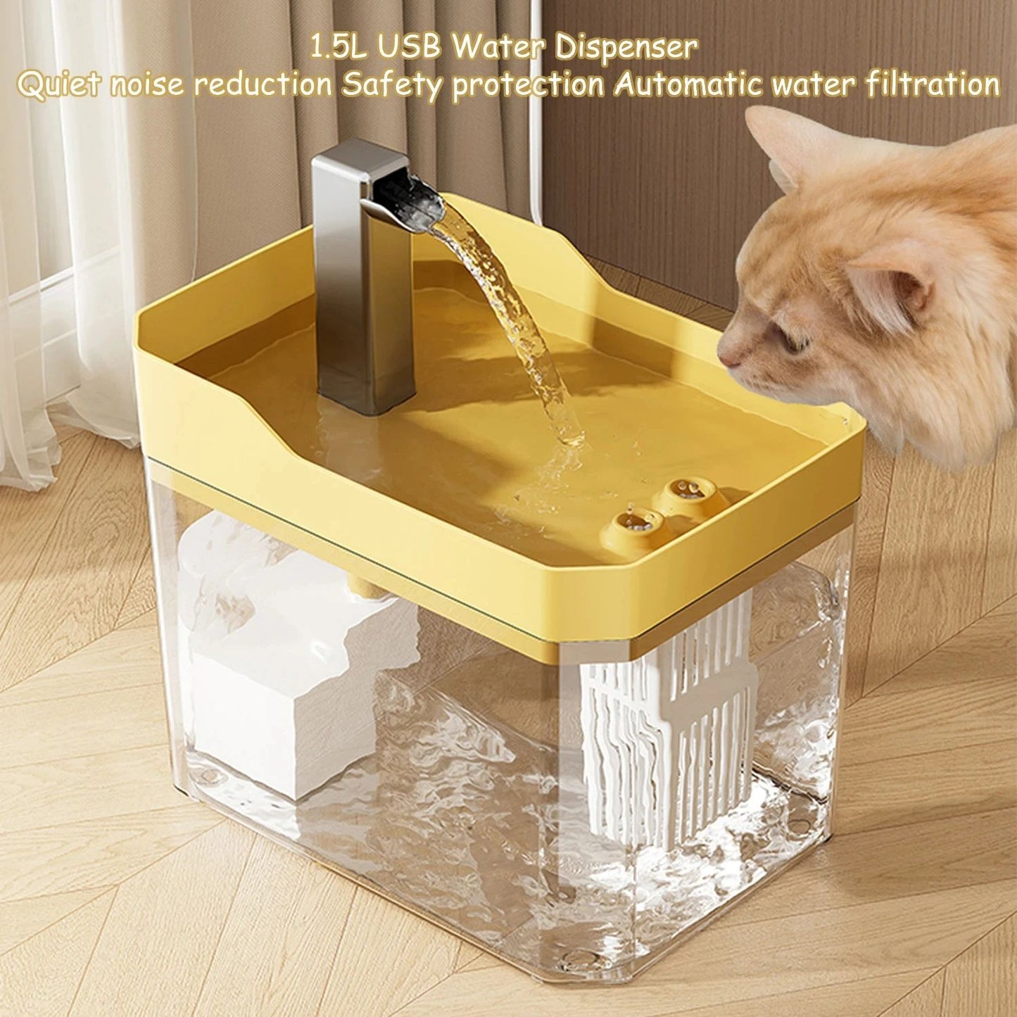 1.5L Transparent Cat Water Fountain Automatic Pet Water Dispenser with USB Pump, Anti-Dry Burning, Recirculating Filter