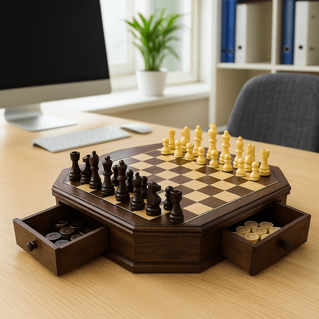 Octagon Wooden Chess and Checkers Set – 13-Inch Board with Storage Drawers